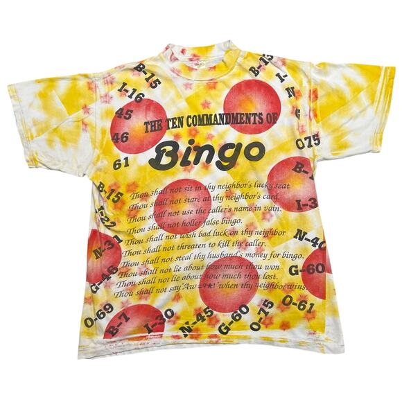 Vintage 80s AOP The Ten Commandments of BINGO Tie Dye‎ Bright Comedy T-Shirt - L - Picture 1 of 7